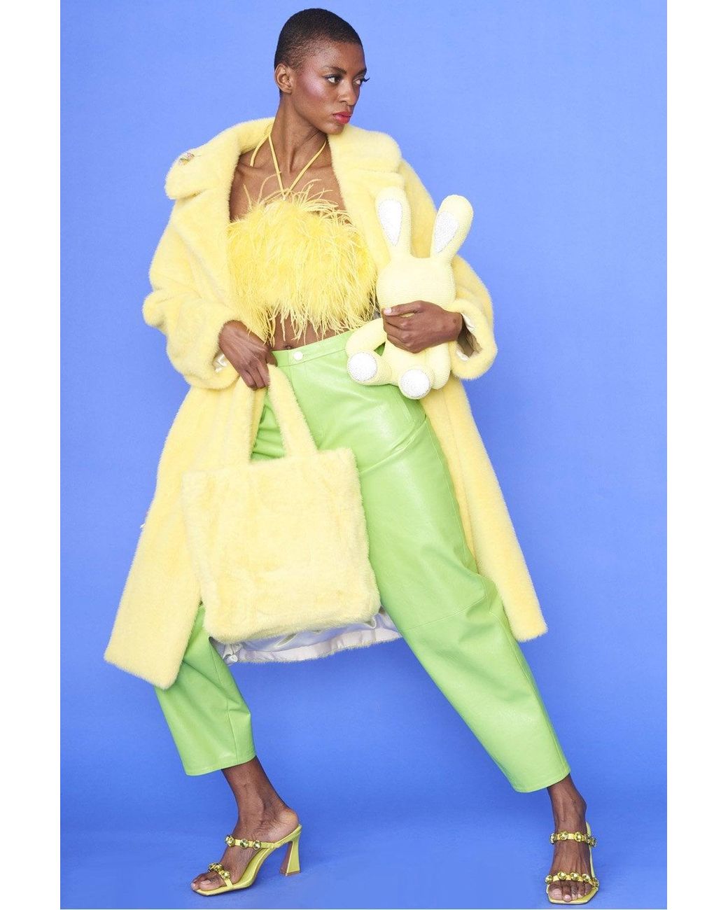 Jayley Blue Faux Fur Coat With Floral Embellishments