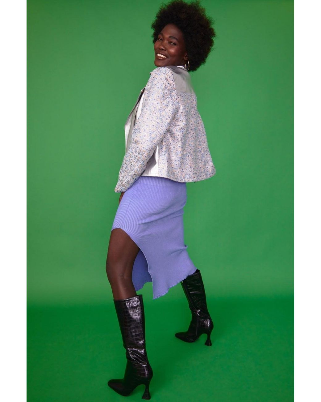 Jayley Green Biker Jacket With Floral Embroidered Sleeves And Back Si