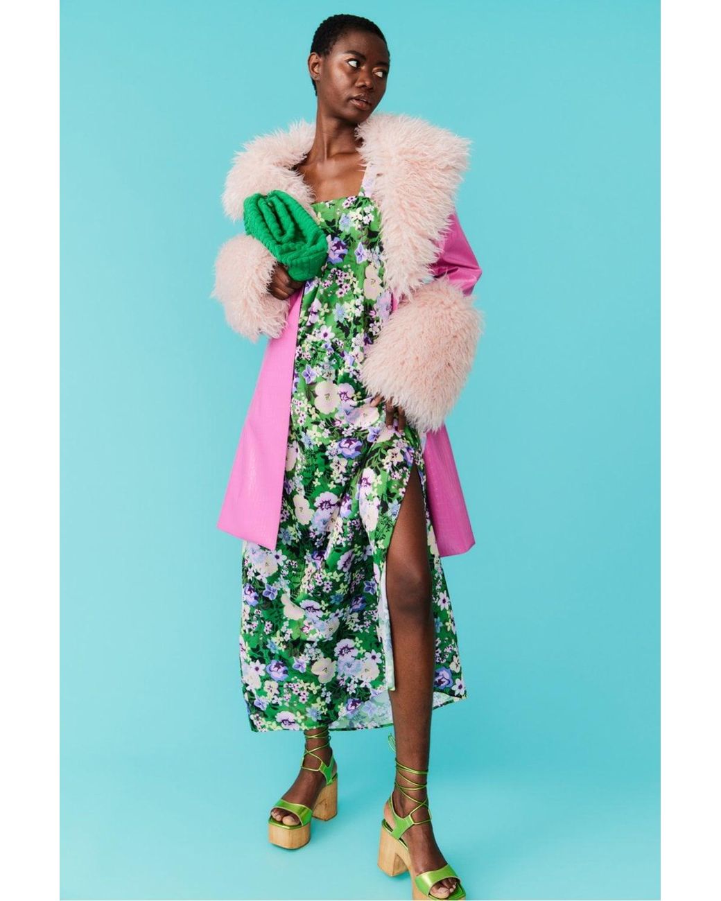 Jayley Green Eco Leather Trench Coat With Faux Mongolian Fur Cuffs And