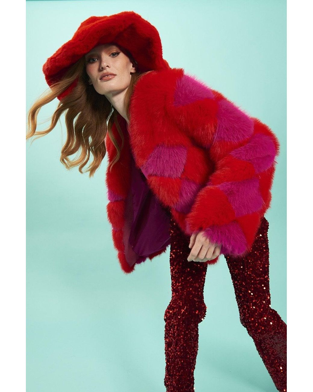 Jayley Red Delilah Diamond Faux Fur Jacket