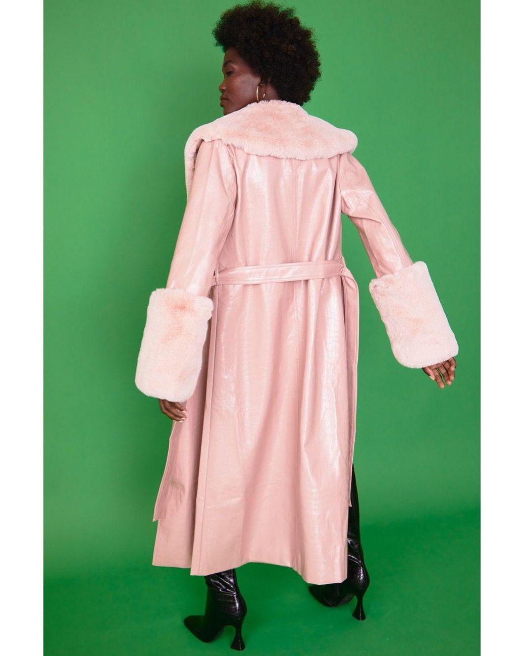 Jayley Green Faux Leather Jacket With Detachable Faux Fur Cuffs &Amp; C