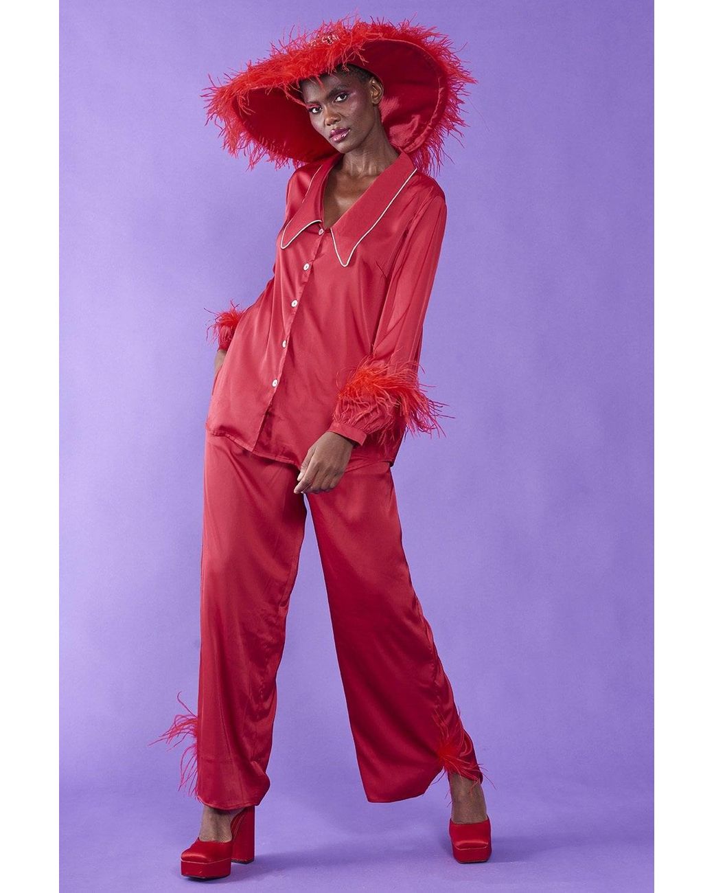Jayley Red Silk Pyjamas With Feather Trim