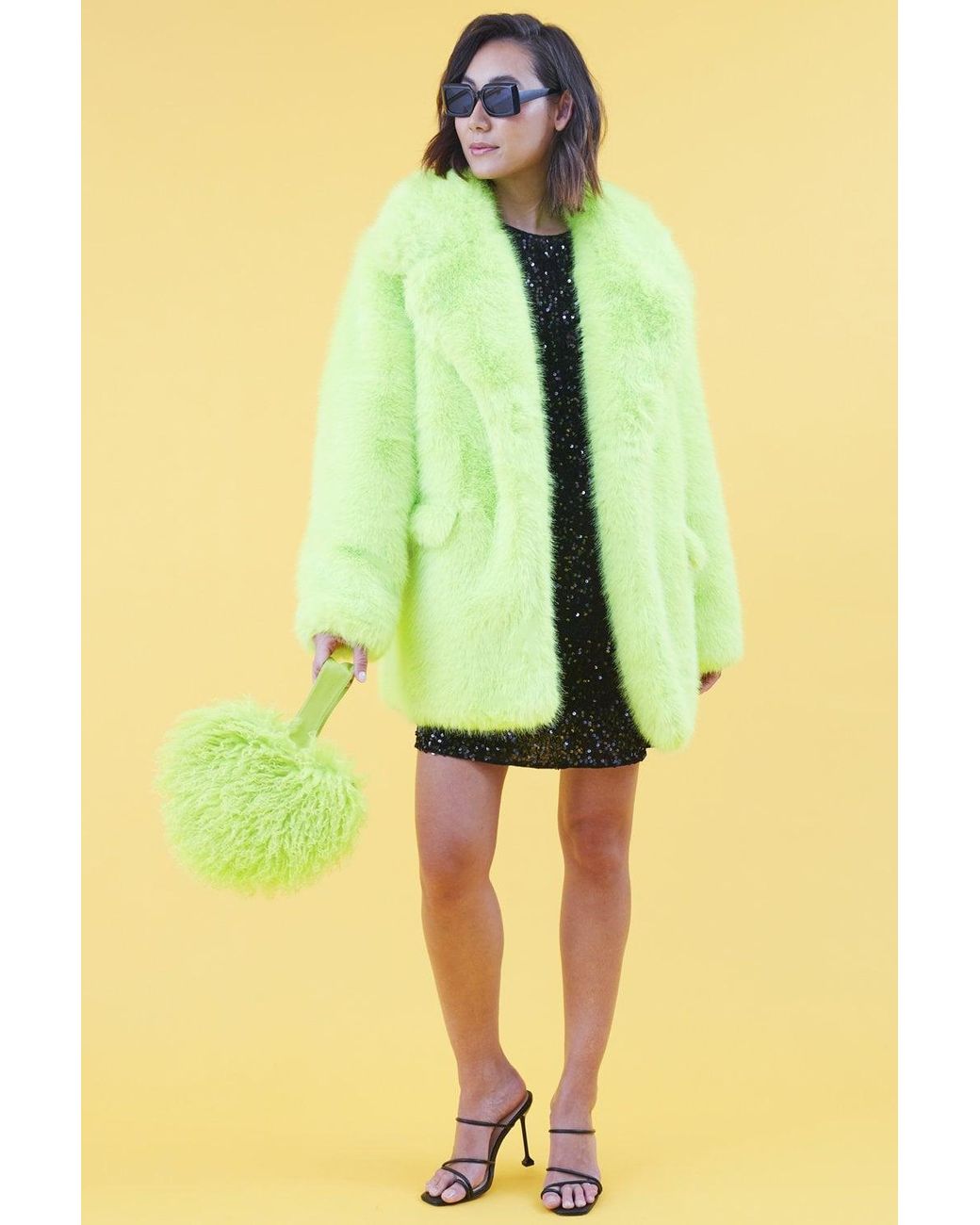 Jayley Yellow Faux Fur Lime Midi Coat