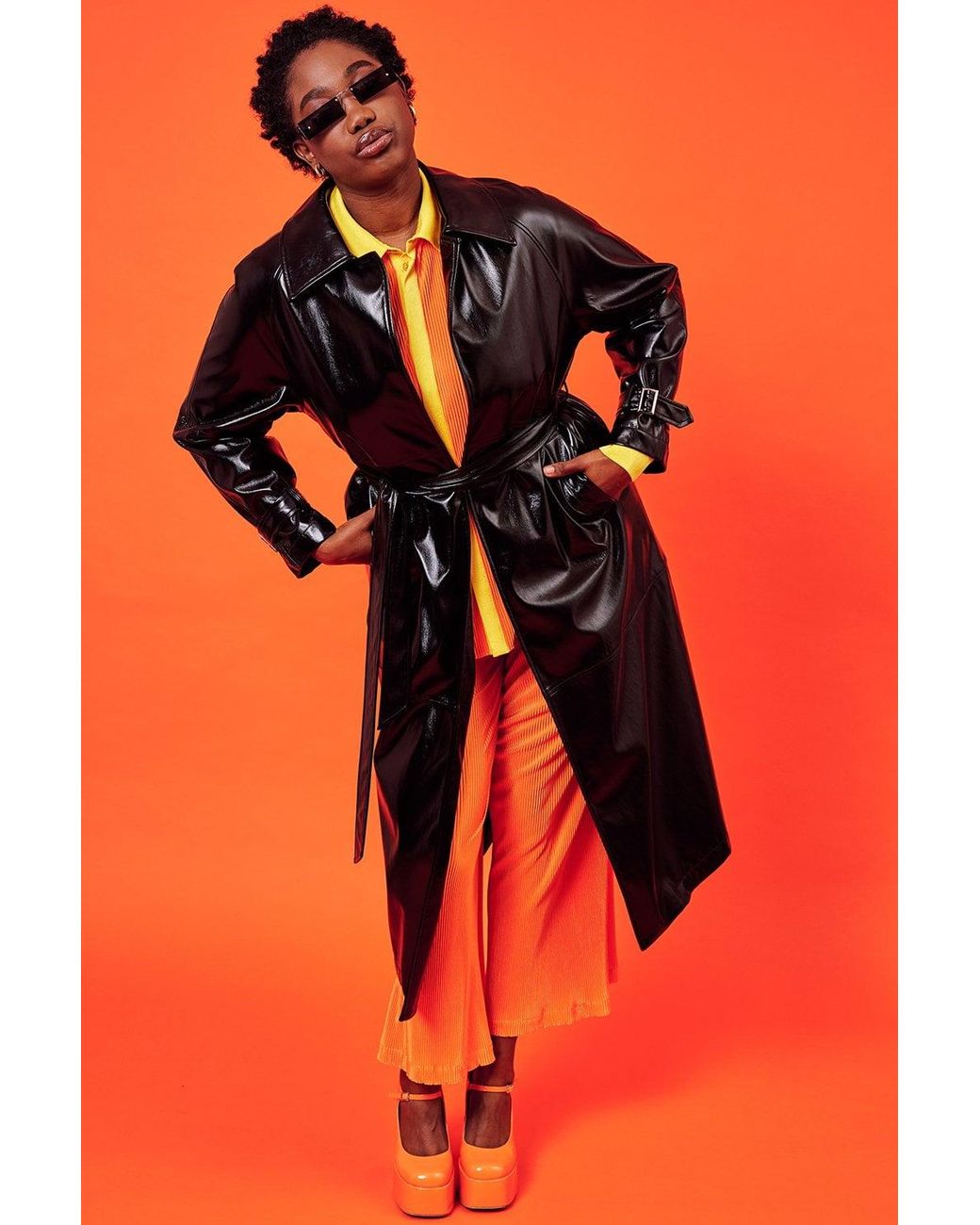 Jayley Orange Eco Leather Trench Coat