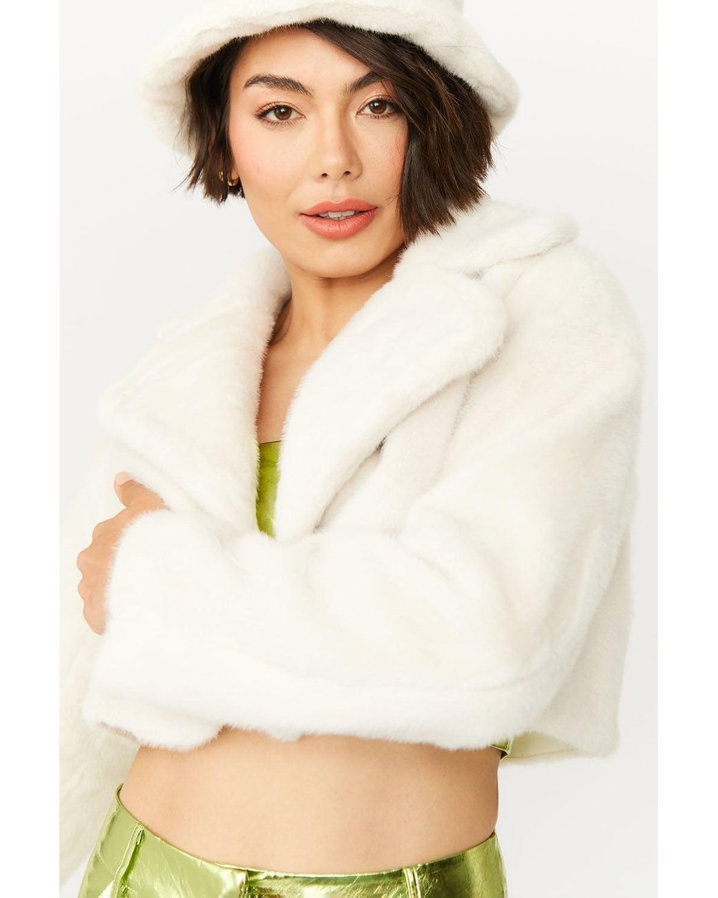 Jayley Yellow Vegan Faux Fur Cropped Jacket