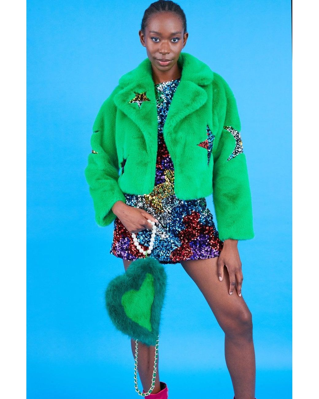 Jayley Blue Bamboo Faux Fur Sequins Star Jacket
