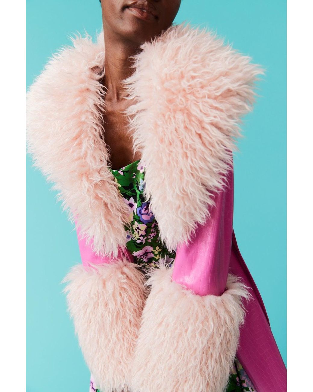 Jayley Green Eco Leather Trench Coat With Faux Mongolian Fur Cuffs And