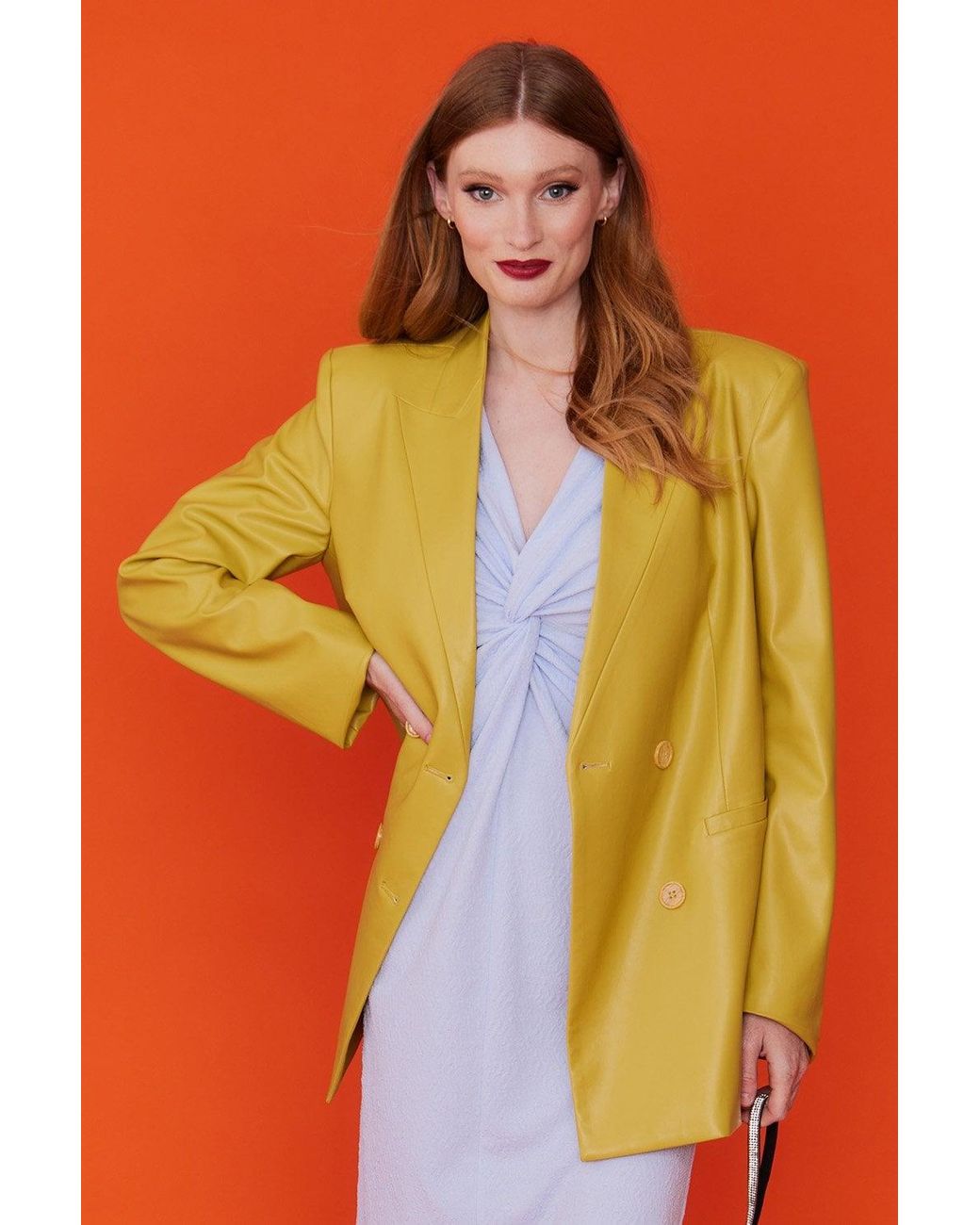 Jayley Orange Faux Leather Double Breasted Blazer