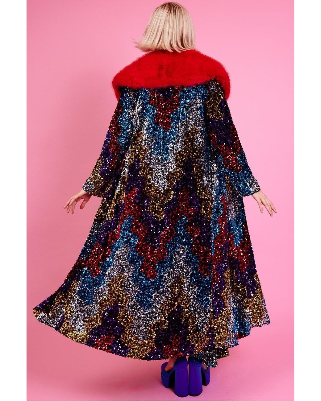 Jayley Pink Sequin Velvet Trench Coat With Faux Fur Collar Size
