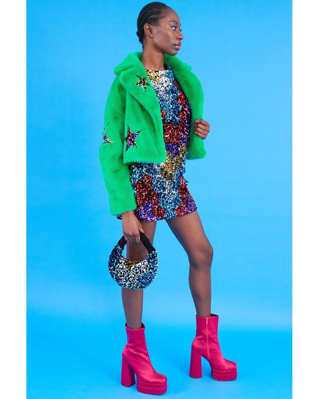 Jayley Blue Bamboo Faux Fur Sequins Star Jacket