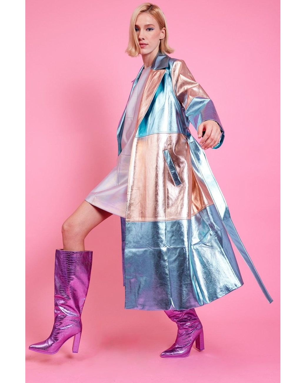 Jayley Pink Metallic Hand Cut Patchwork Trench Coat