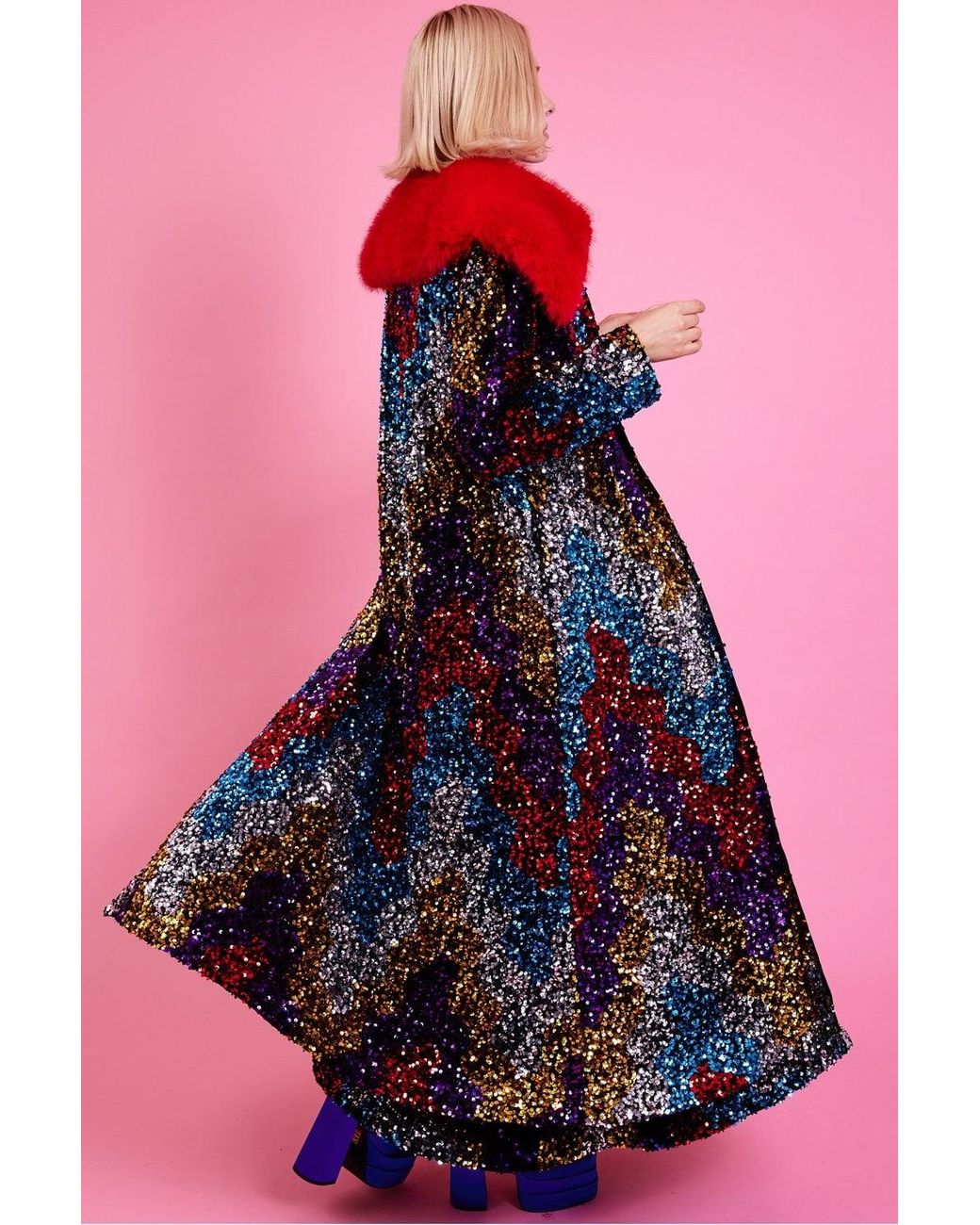 Jayley Pink Sequin Velvet Trench Coat With Faux Fur Collar Size