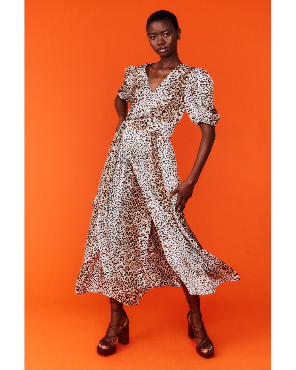 Jayley Orange Silk Blend Animal Print Maxi Wrap Dress