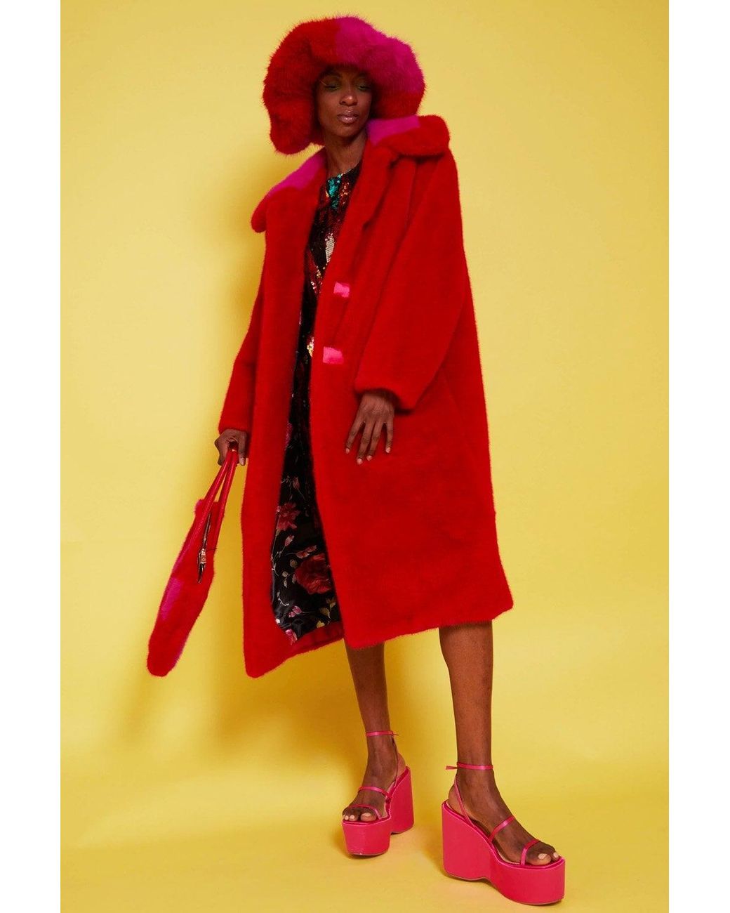 Jayley Orange Bamboo Faux Fur Midi Coat With Collar