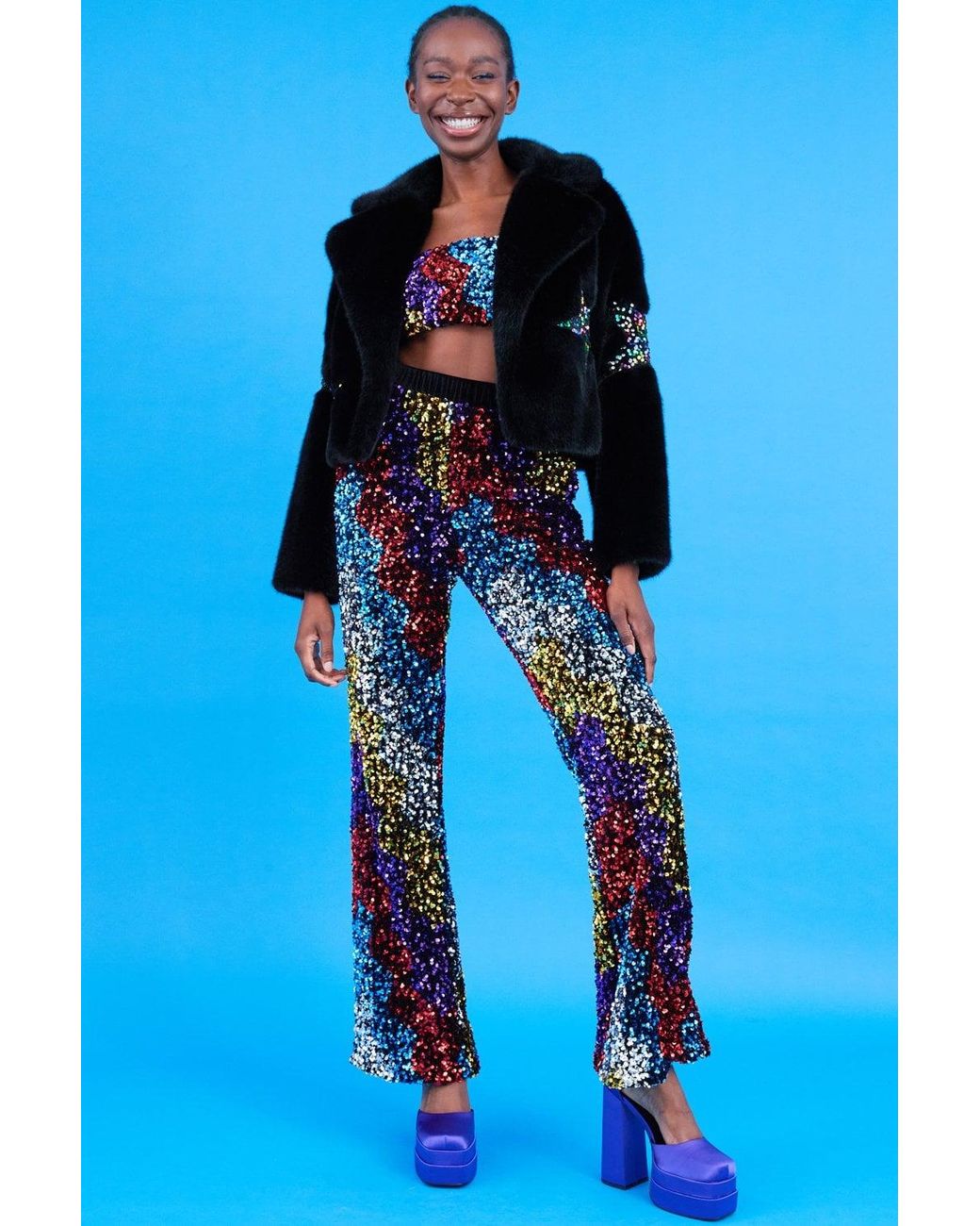 Jayley Blue Bamboo Faux Fur Sequins Star Jacket