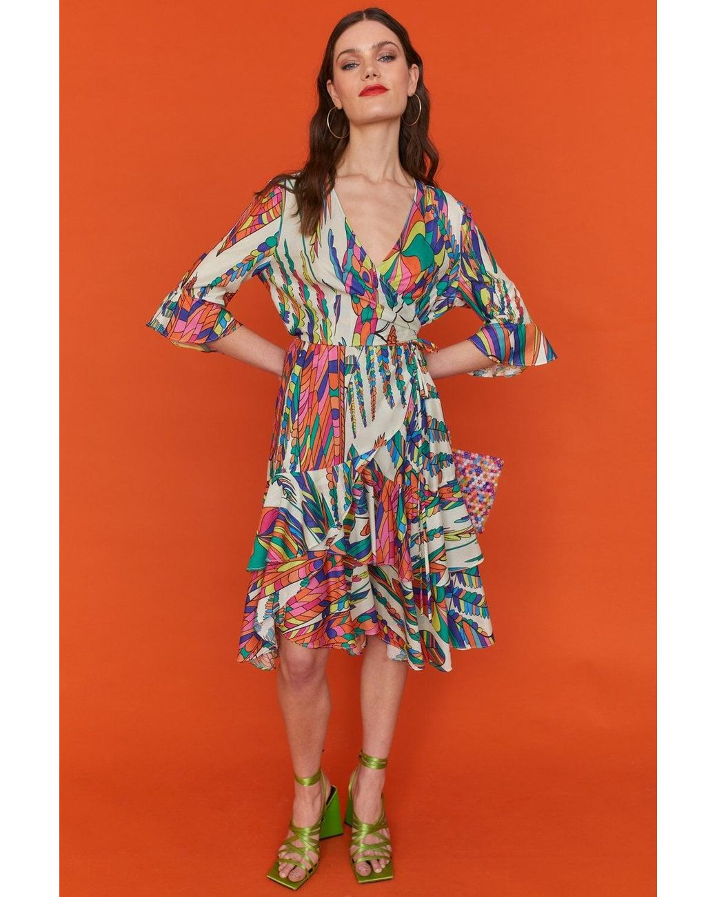 Jayley Orange Havanna Tropical Wrap Midi Dress