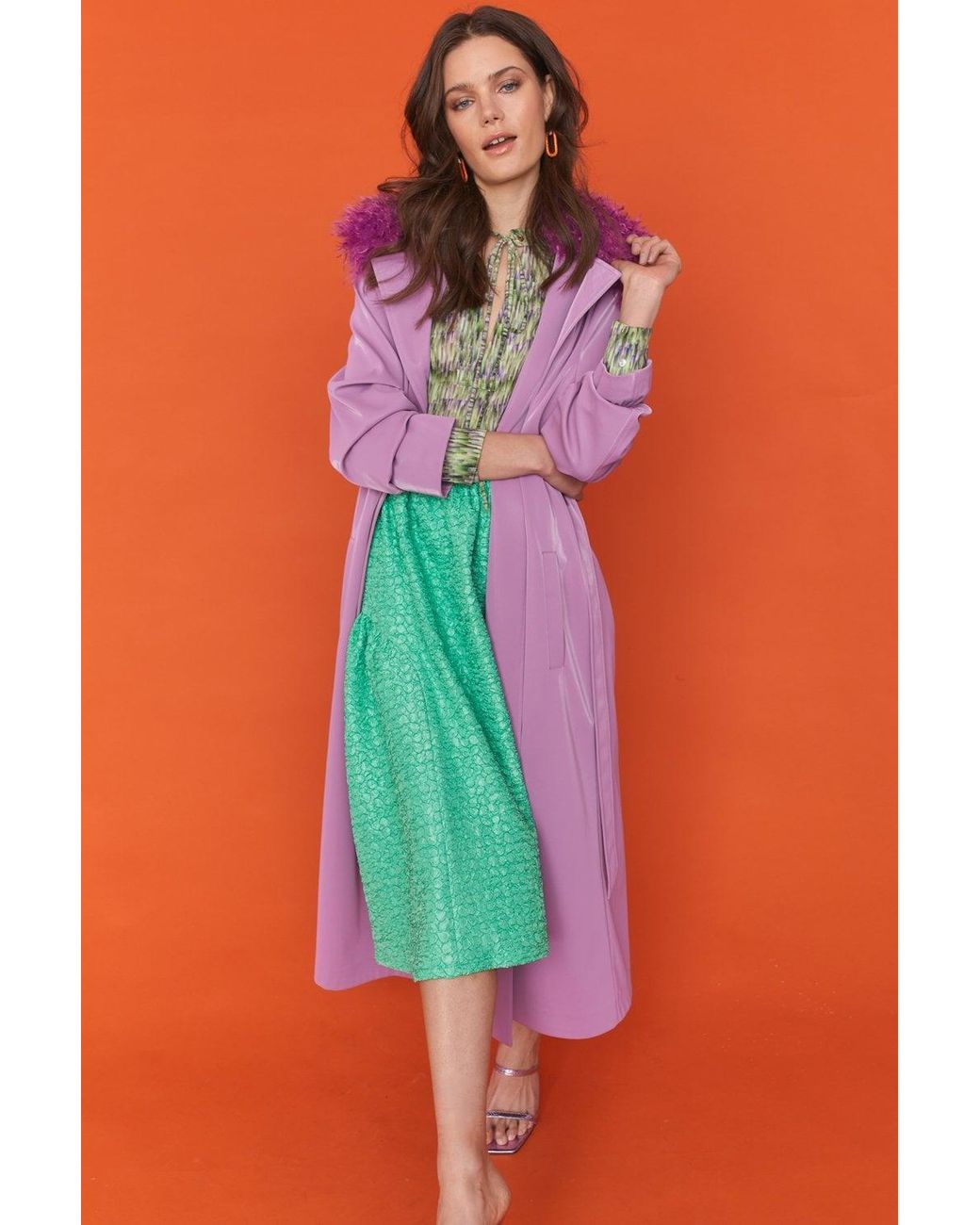 Jayley Red Faux Suede Lilac Trench Coat With Faux Shearling Collar Size: S
