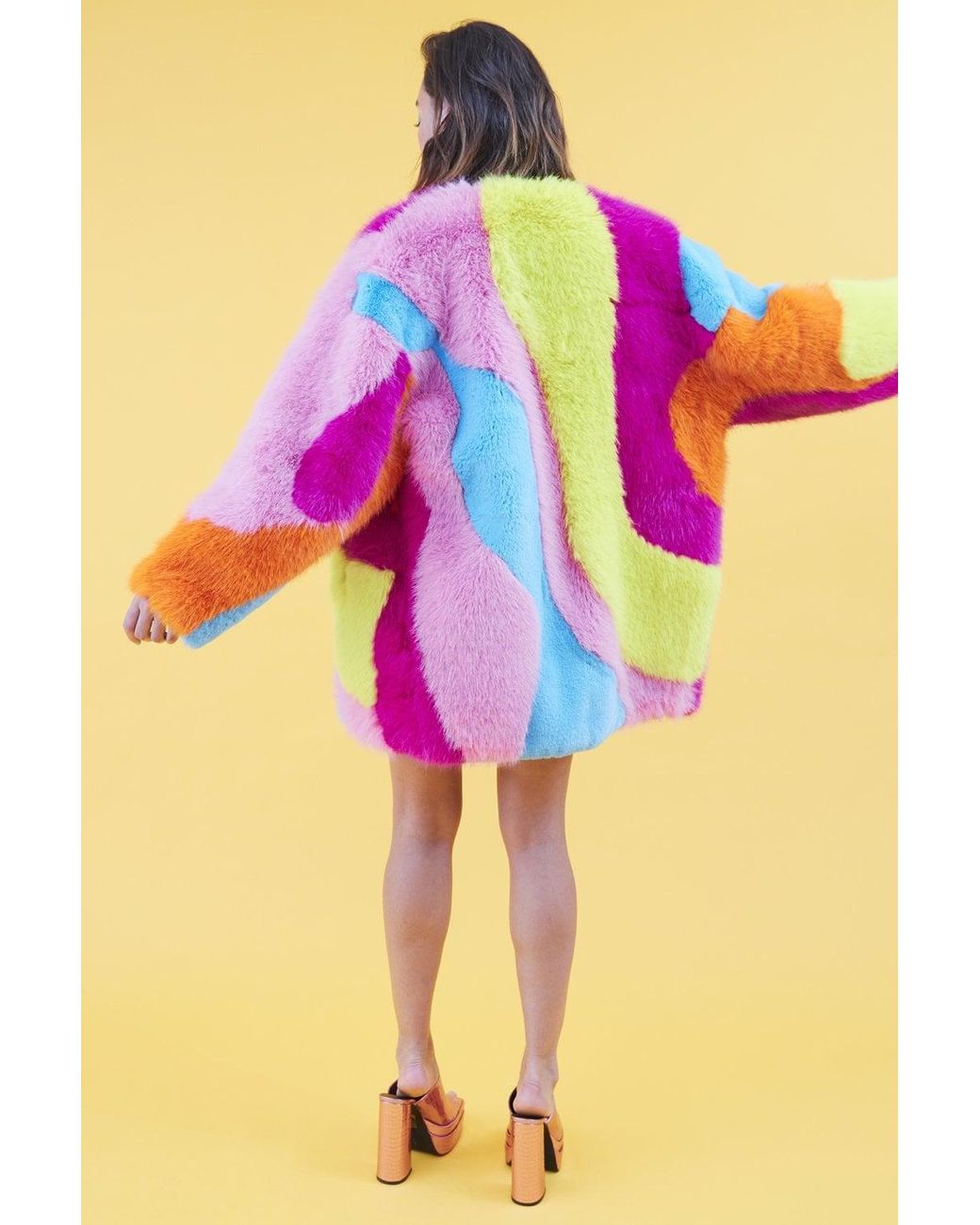 Jayley Orange Faux Fur Multi-Coloured Coat