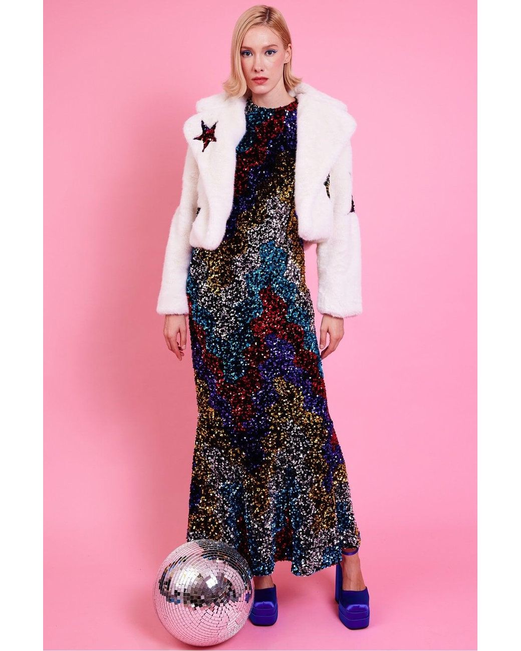 Jayley Pink Bamboo Faux Fur Sequins Star Jacket