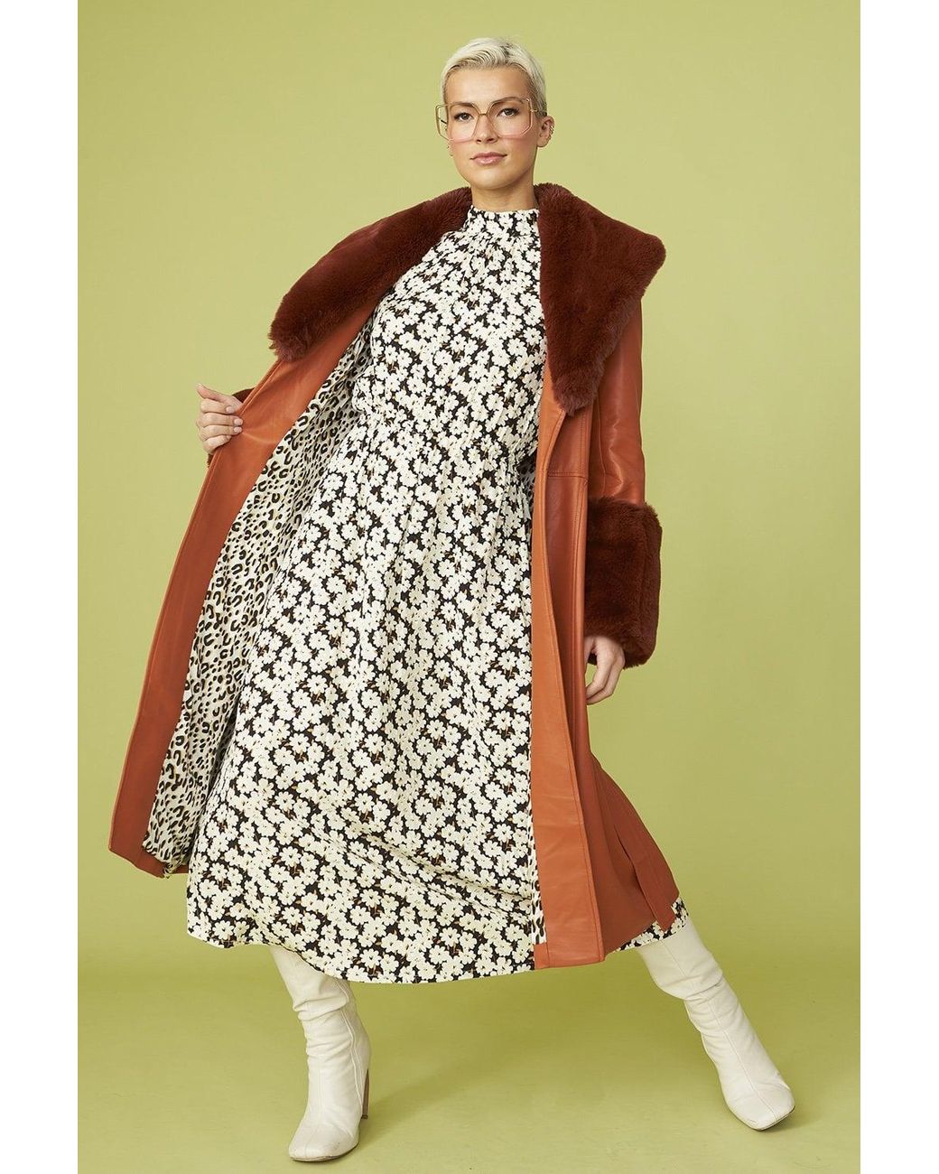 Jayley Green Trench Style Belted Coat With Faux Fur Cuffs And Collar S