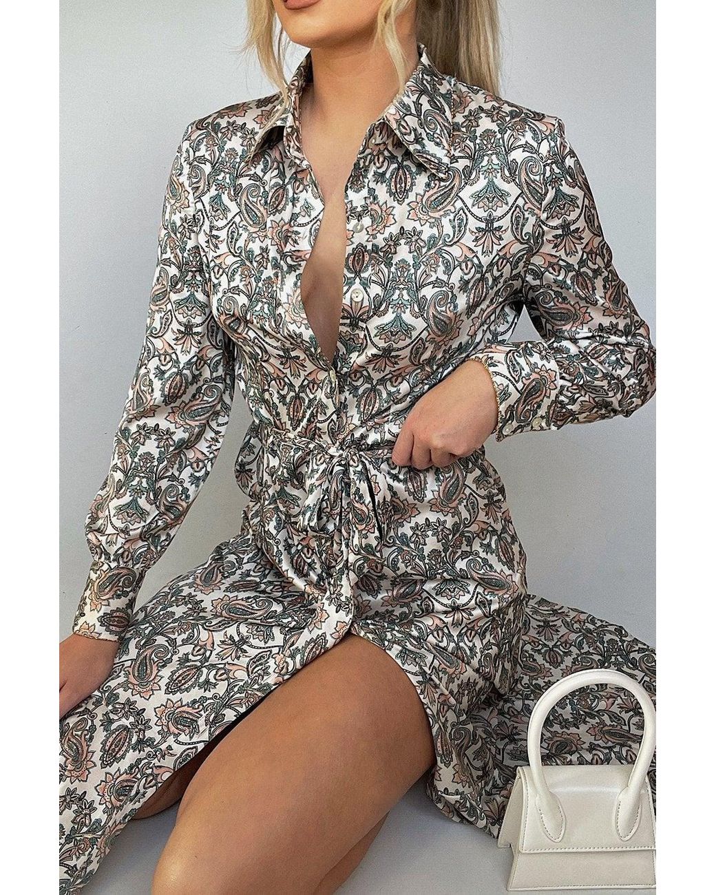 Jayley Green Silk Blend Paisley Print Shirt Dress