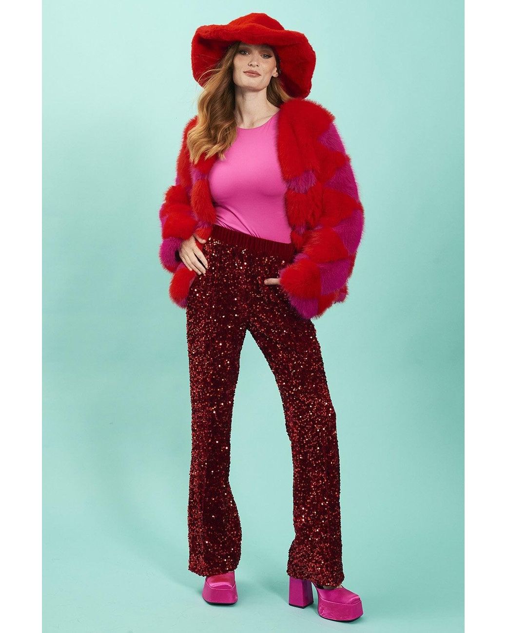 Jayley Red Delilah Diamond Faux Fur Jacket