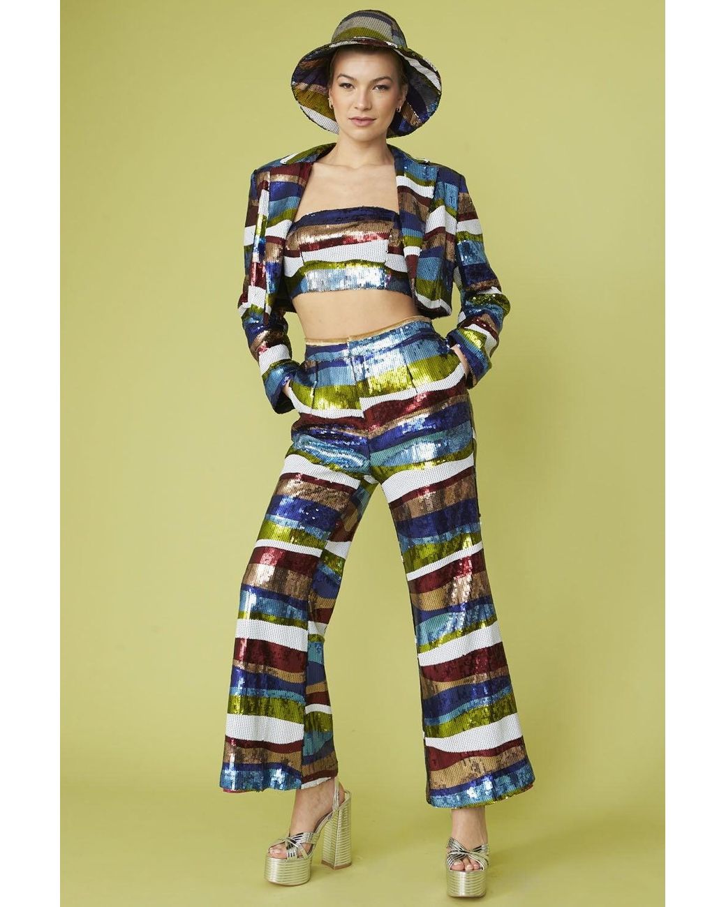 Jayley Green Multi-Coloured Geometric Sequin Flares
