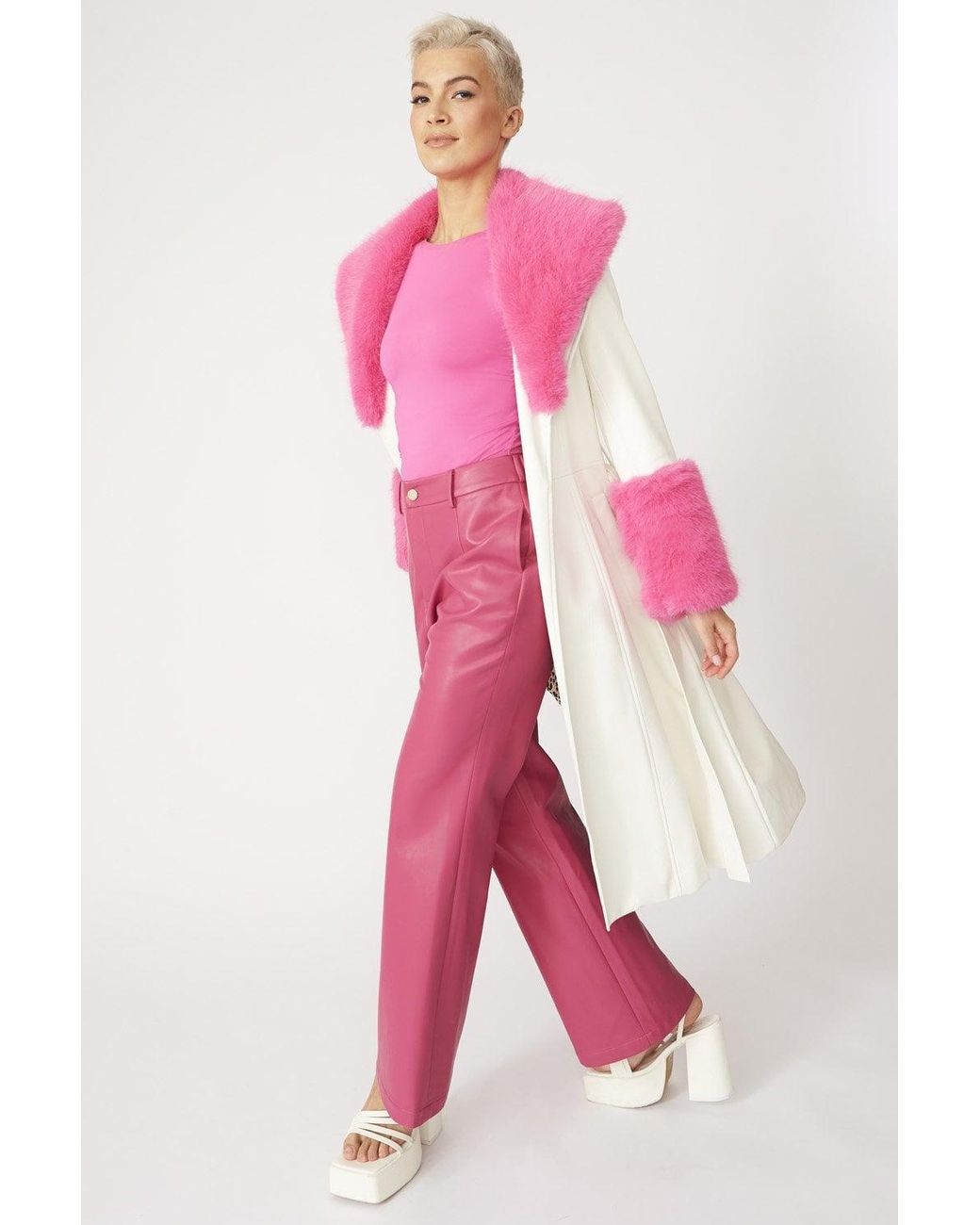 Jayley Pink Trench Style Belted Coat With Faux Fur Cuffs And Collar Si