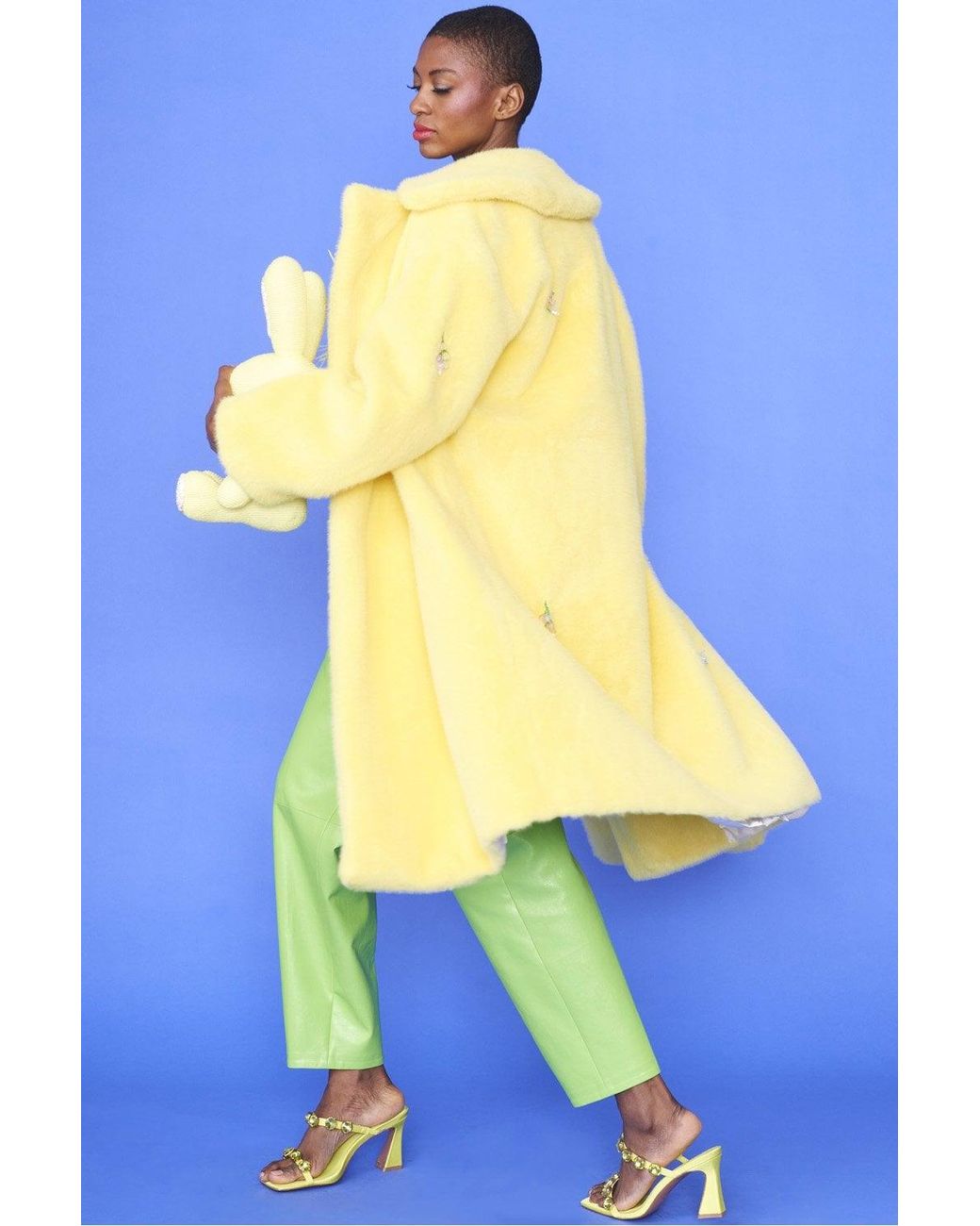 Jayley Blue Faux Fur Coat With Floral Embellishments