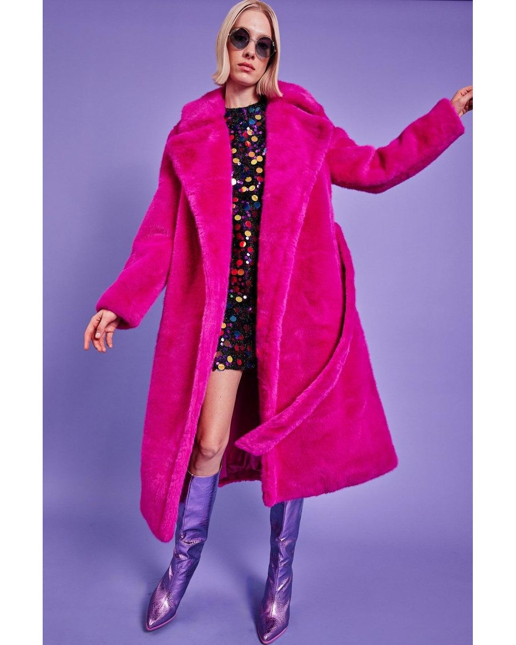 Jayley Pink Faux Fur Maxi Trench Coat With Belt