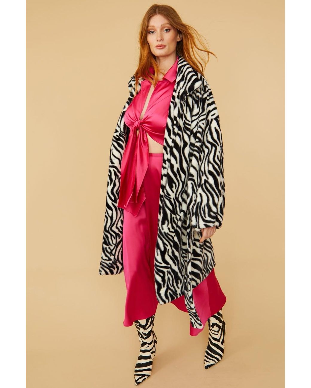 Jayley Red Zebra Print Faux Fur Midi Coat With Belt