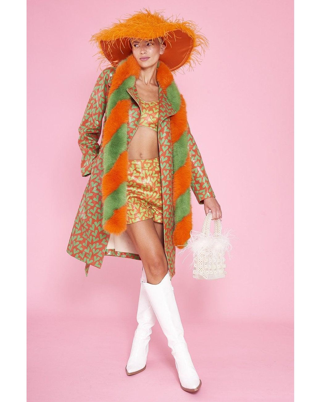 Jayley Pink Faux Suede Heart Print Trench Coat