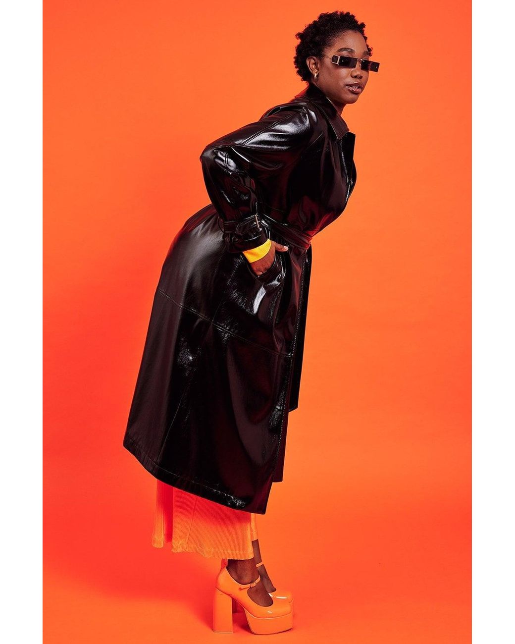 Jayley Orange Eco Leather Trench Coat