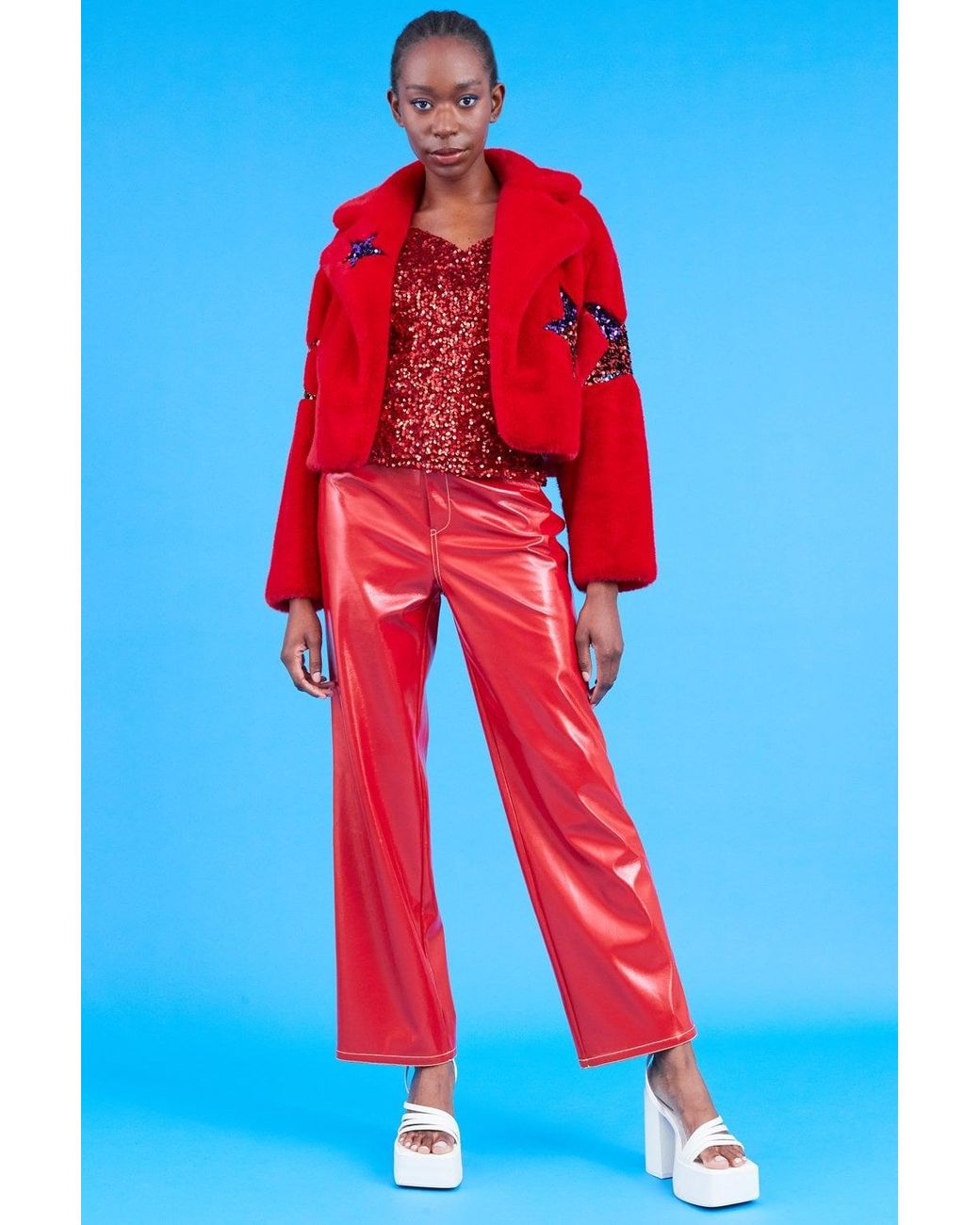 Jayley Blue Bamboo Faux Fur Sequins Star Jacket
