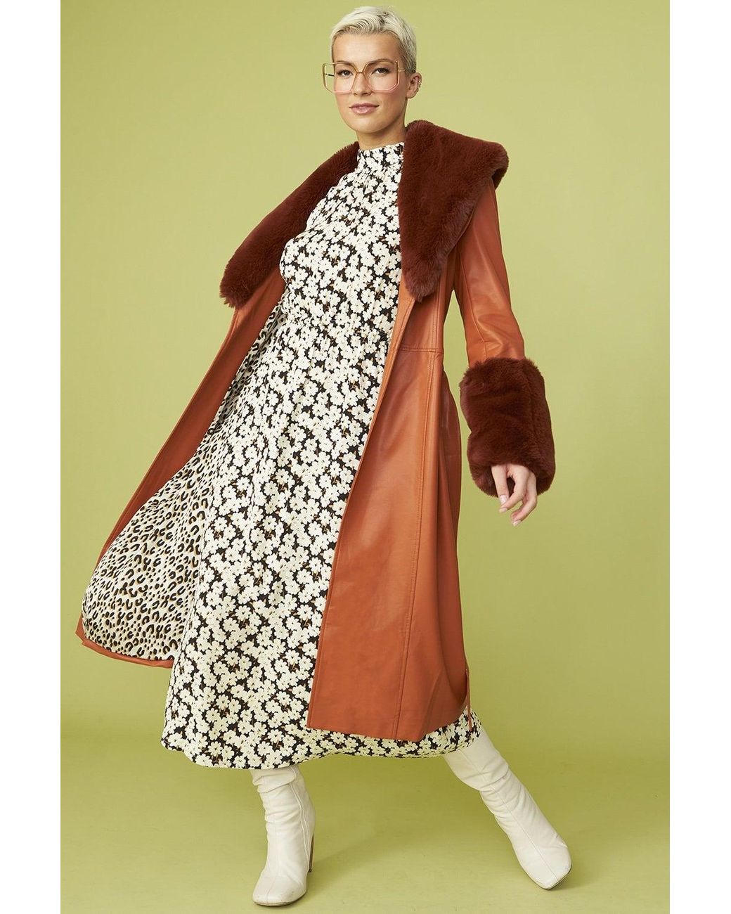 Jayley Green Trench Style Belted Coat With Faux Fur Cuffs And Collar S