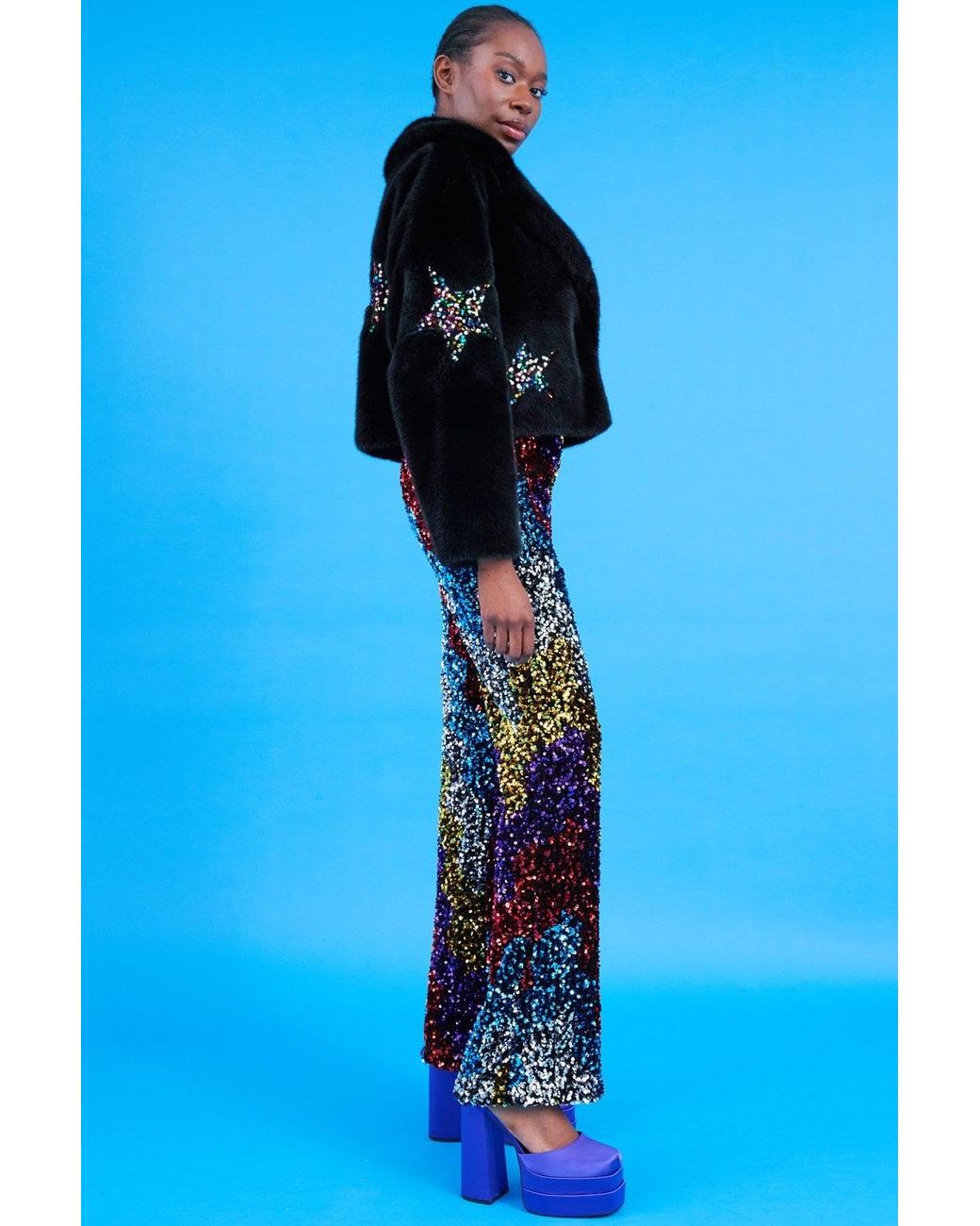 Jayley Blue Bamboo Faux Fur Sequins Star Jacket