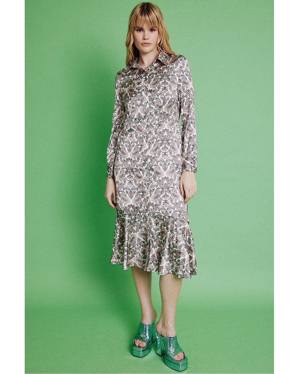 Jayley Green Silk Blend Paisley Print Shirt Dress