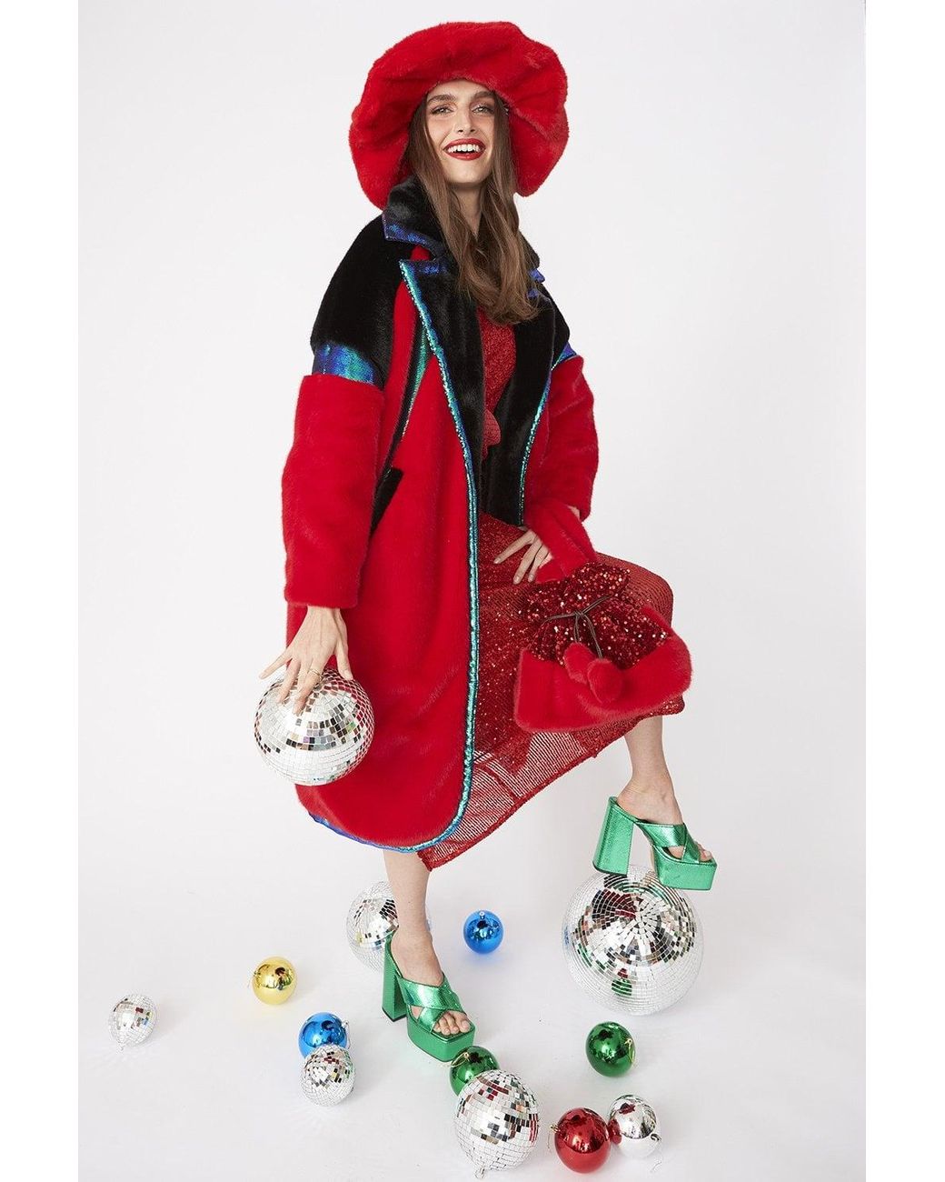 Jayley Red And Oversized Faux Fur Coat With Sequin Detail Size