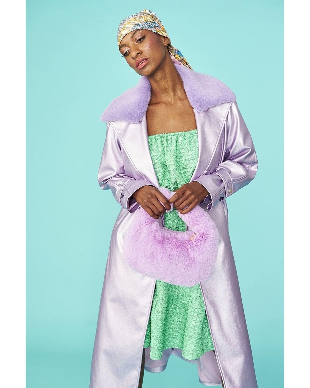 Jayley Green Lilac Faux Suede Metallic Maxi Trench Coat