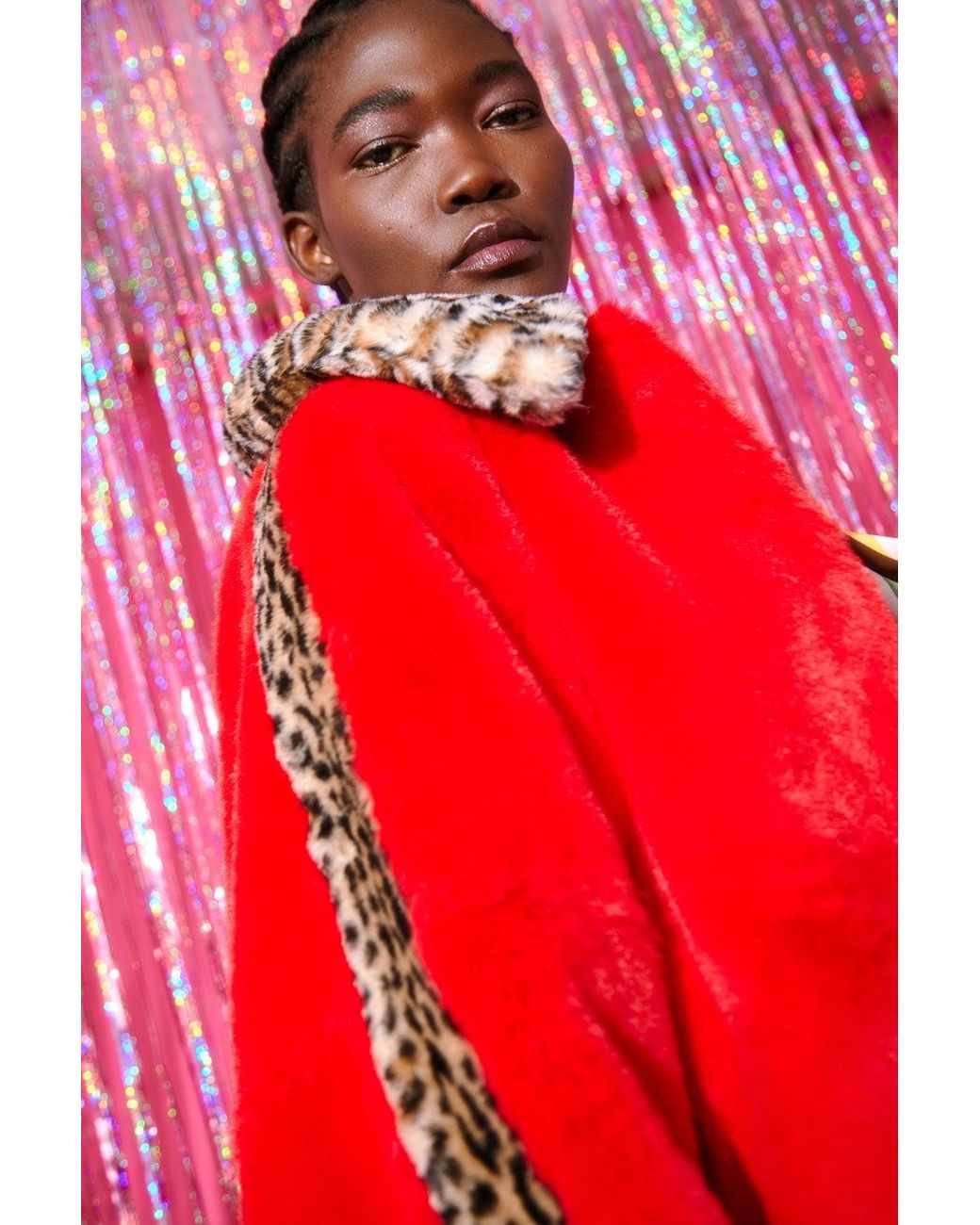 Jayley Red And Leopard Print Faux Fur Coat