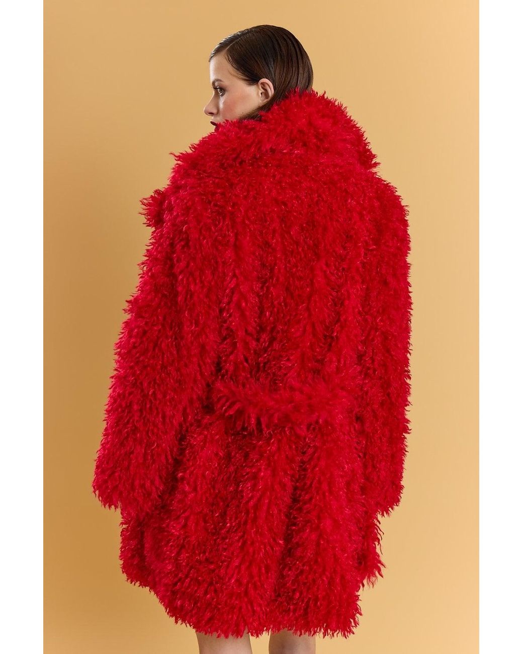 Jayley Red Bamboo Blend Faux Fur Shearling Coat