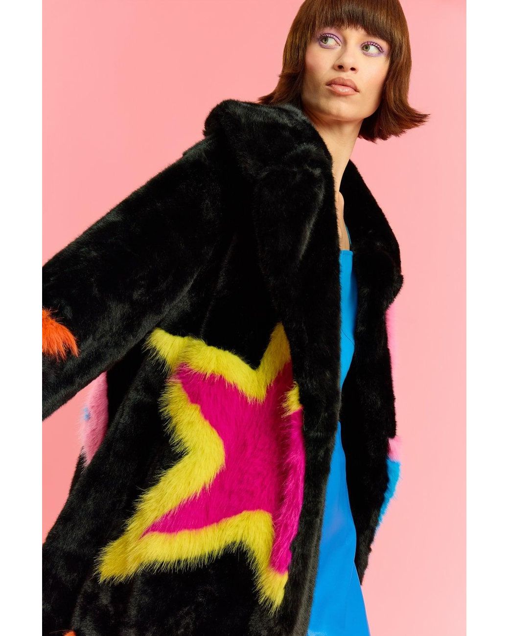 Jayley Blue Hand Made Bamboo Lyocell Multi Faux Fur Star Coat Size: L