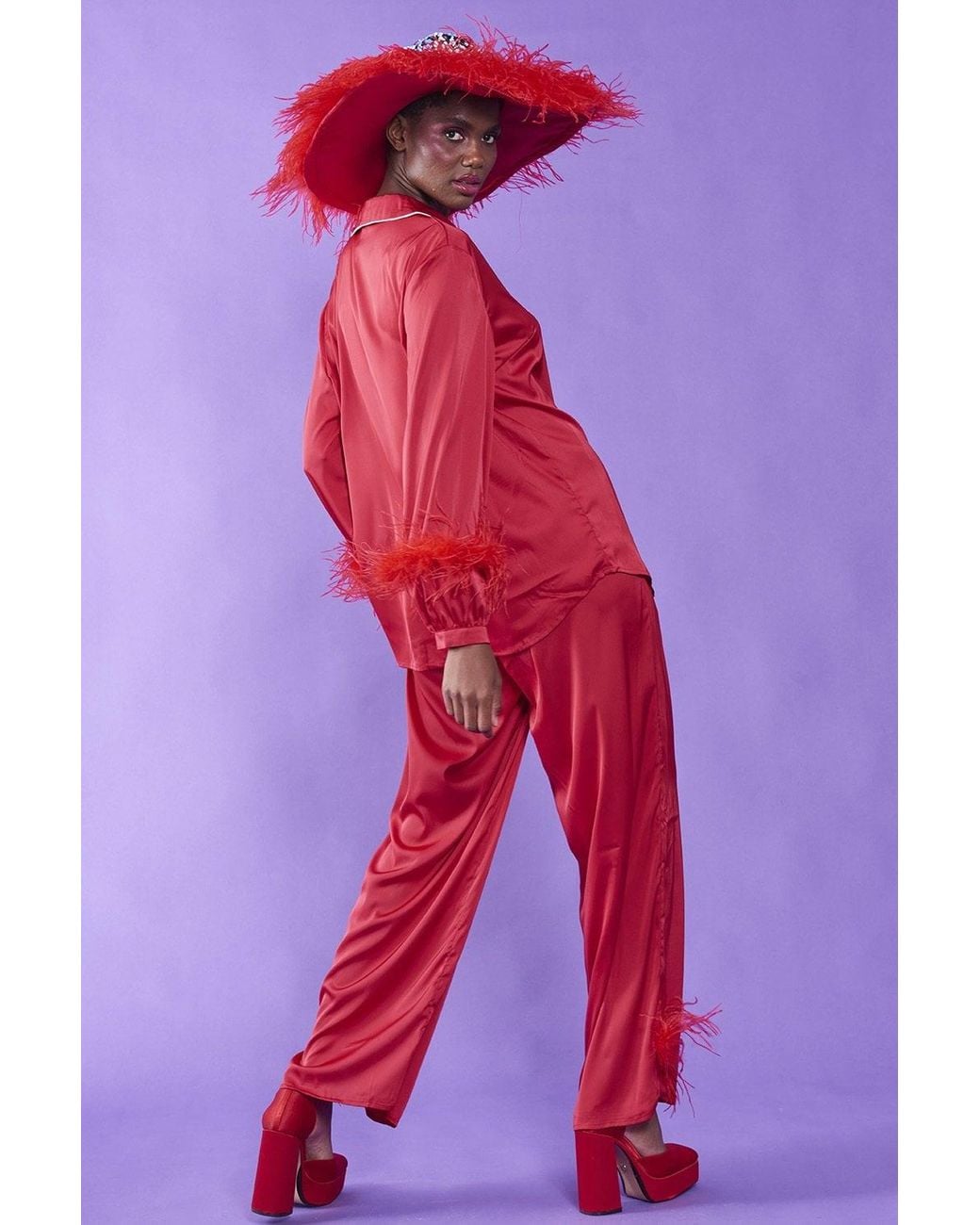 Jayley Red Silk Pyjamas With Feather Trim