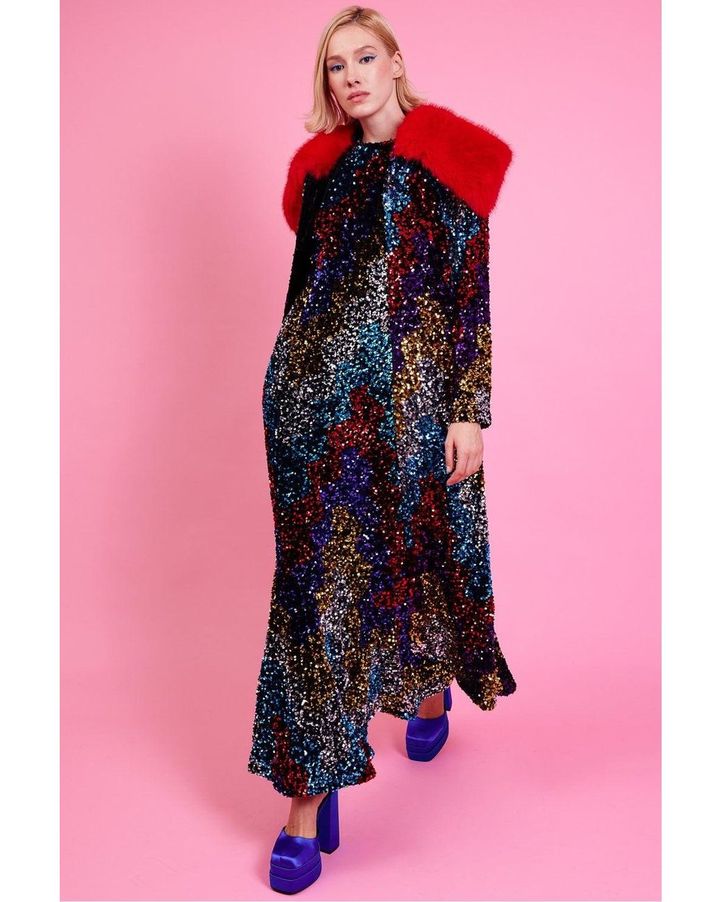 Jayley Pink Sequin Velvet Trench Coat With Faux Fur Collar Size