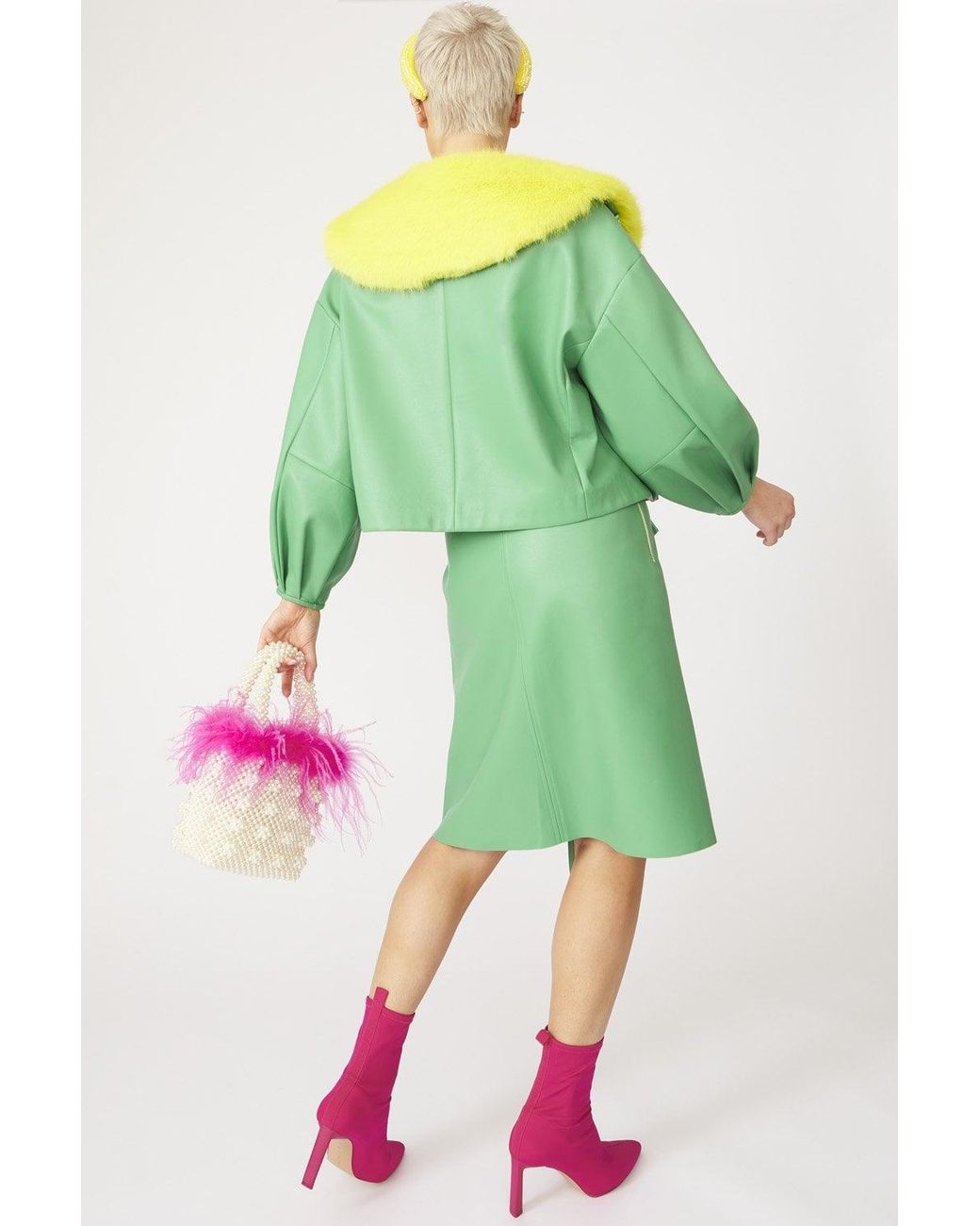 Jayley Green Faux Leather Jacket With Fur Collar