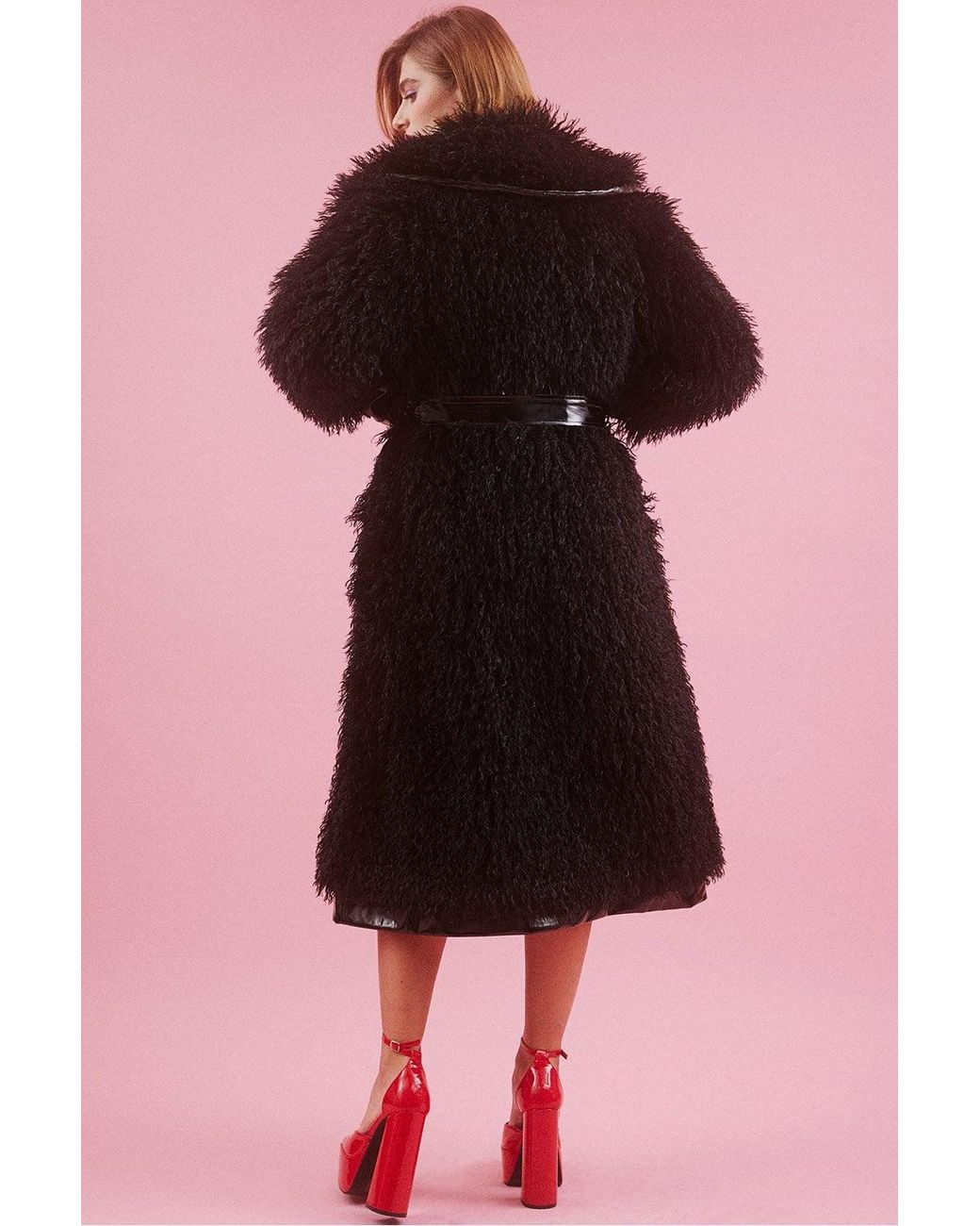 Jayley Orange Knitted Bamboo And Eco Leather Shearling Coat
