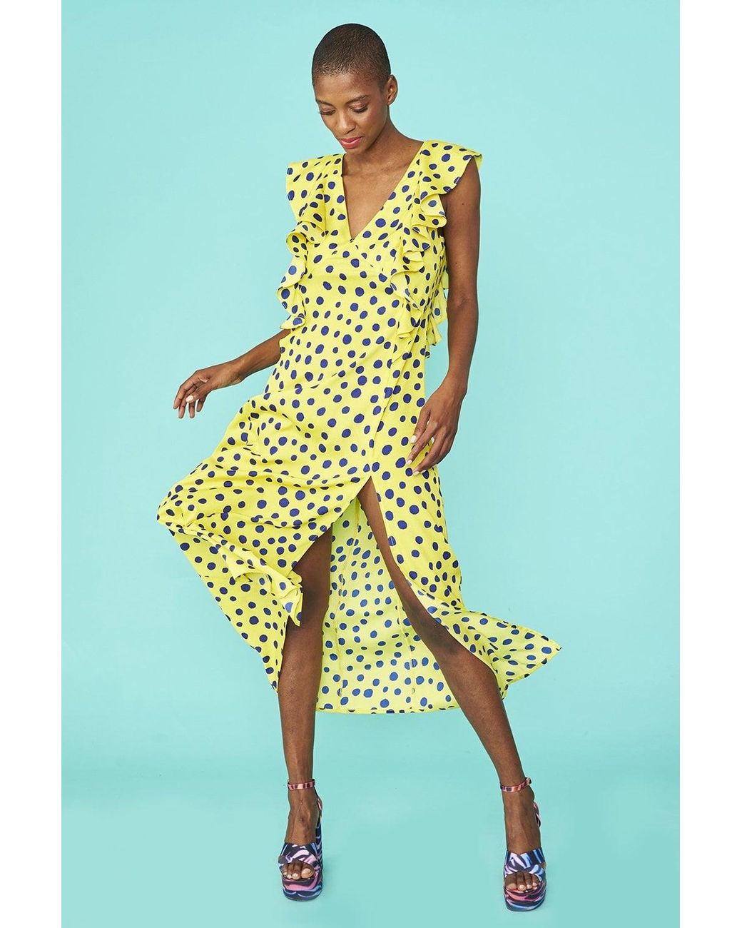 Jayley Blue Rayon Polka Dot Ruffled Mid Parma Dress