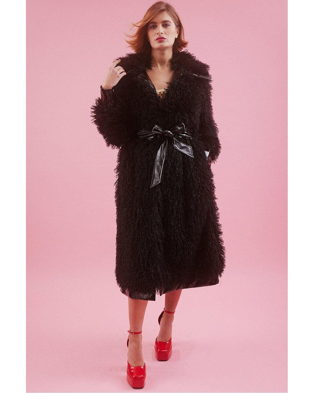 Jayley Orange Knitted Bamboo And Eco Leather Shearling Coat