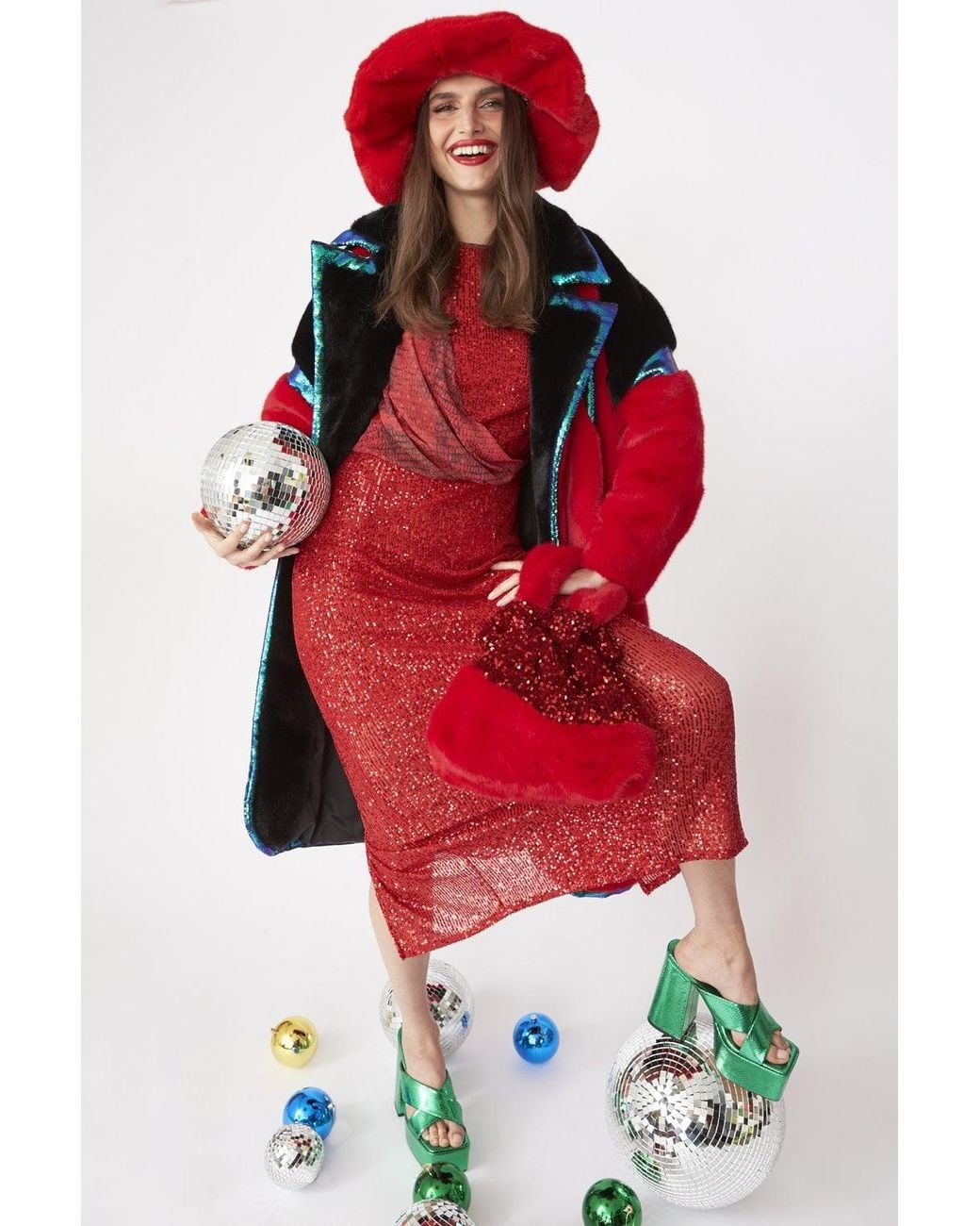 Jayley Red And Oversized Faux Fur Coat With Sequin Detail Size