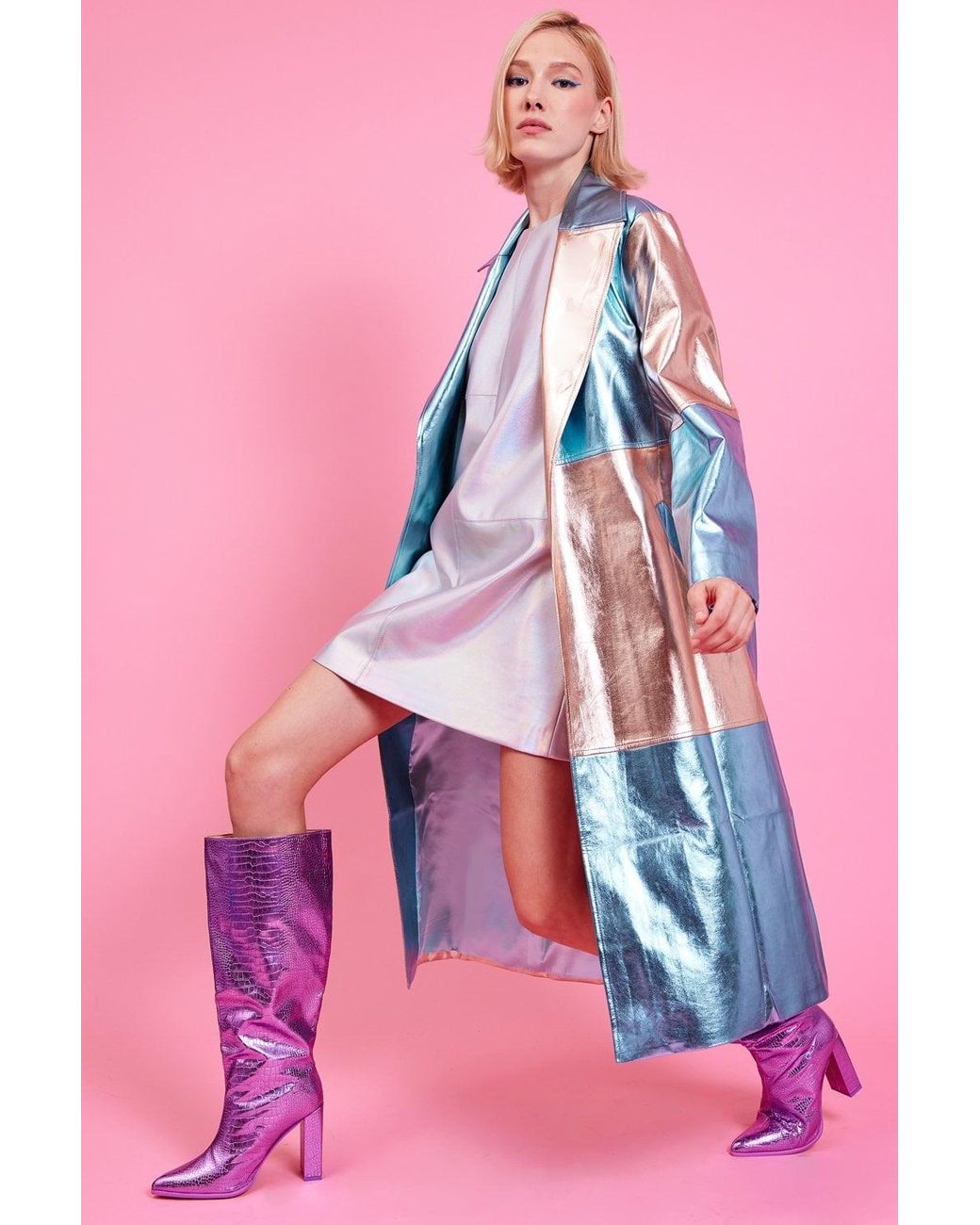 Jayley Pink Metallic Hand Cut Patchwork Trench Coat